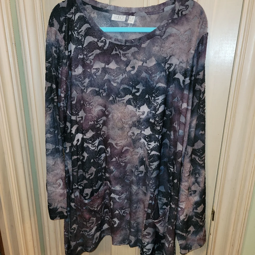 NWOT LOGO Lori Goldstein 3X jacquard tie dye neutral color shirt with pockets - Picture 6 of 7